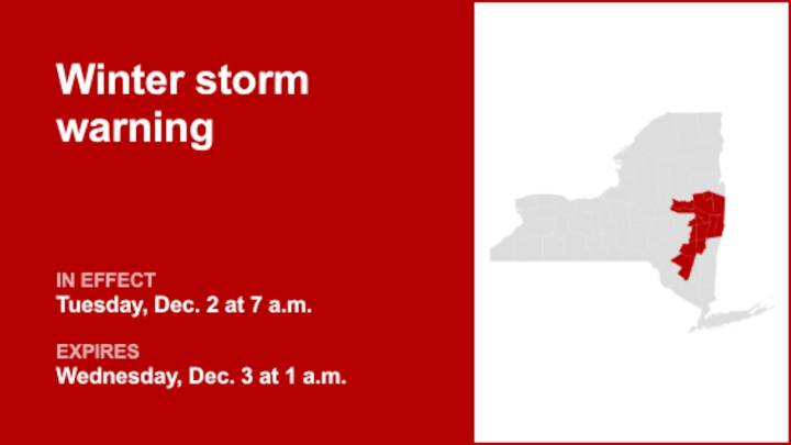 NY weather: part of New York under a winter storm warning until 1 a.m. Wednesday