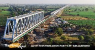 130 m span of a 230 m long steel bridge launched over NH-64 & Indian Railway tracks for Bullet Train Project