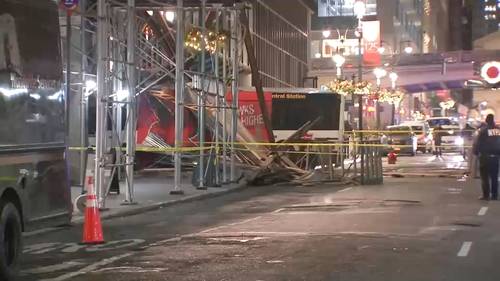 Bus crashes into scaffolding in Manhattan; 1 person injured, rushed to Bellevue Hospital