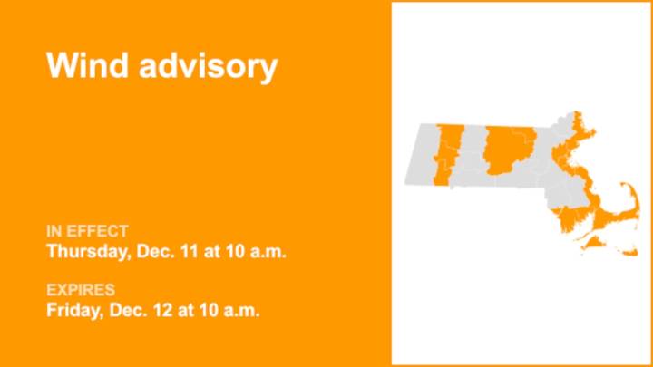 13 Massachusetts counties placed under a wind advisory Thursday and Friday