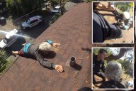 Elderly Florida man rescued by cops after slipping while blowing leaves off roof: video