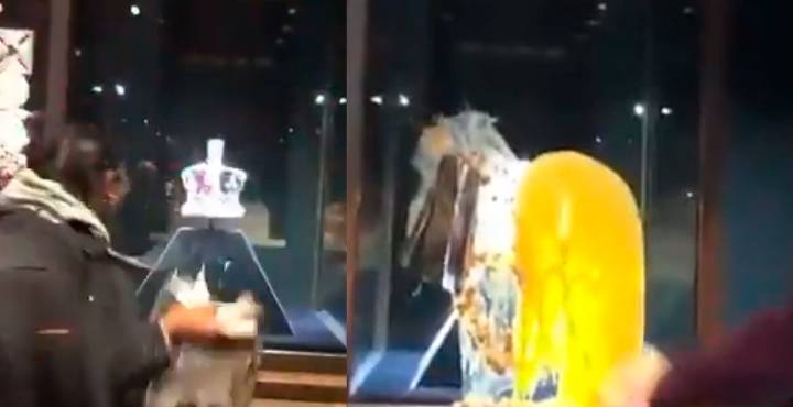 Activistas lanzan pastel y crema a la vitrina de la corona británica en Londres [VIDEO]