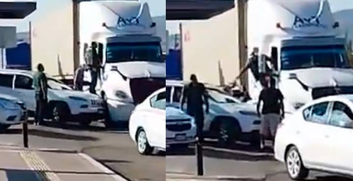 Tráiler y camioneta chocan frente a SSP y bajan a reclamarle al conductor [VIDEO]