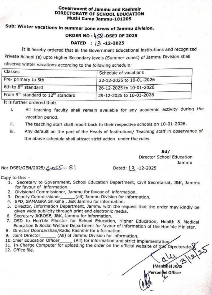 Winter vacations announced for all schools in Jammu’s summer zone