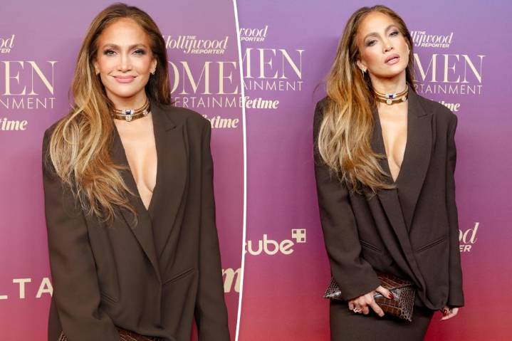 Jennifer Lopez wears power skirt suit with dangerously plunging neckline to The Hollywood Reporter’s 2025 Women In Entertainment Gala