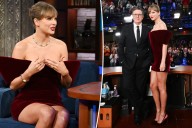 Taylor Swift visits 'The Late Show With Stephen Colbert' in maroon velvet David Koma dress