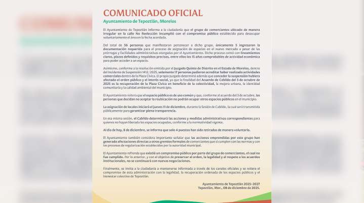 Comerciantes incumplen acuerdo para desalojar en Tepoztlán