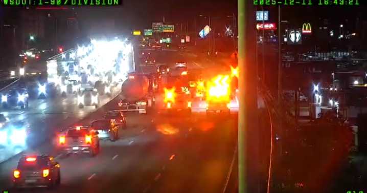 Crash blocks two lanes on I-90 west in Spokane, causing major rush