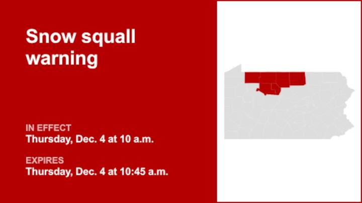 Snow squall warning active for Pa. Wilds Thursday morning