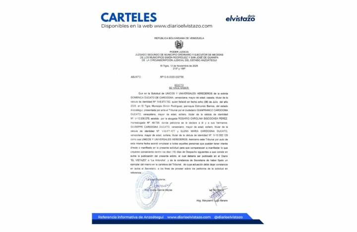Edicto del Juzgado Segundo de los municipios Simón Rodríguez y Guanipa por la solicitud de Únicos y Universales Herederos de Domenica Ducato de Cardogna