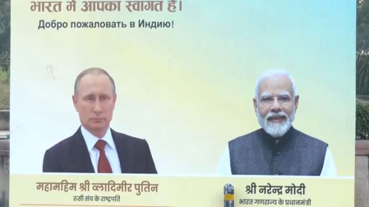 Delhi’s Teen Murti Marg decorated with flex boards, Russian flags ahead of Putin’s India visit