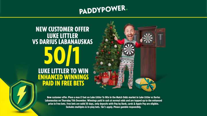 Get 50/1 on Luke Littler to win his first round World Darts Championship clash with Paddy Power
