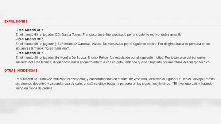 El acta del Real Madrid - Celta refleja la expulsión de Carreras por decir "eres malísimo" al árbitro y la roja a Endrick