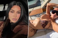 Kim Kardashian soaks up the sun in a tiny leopard print string bikini