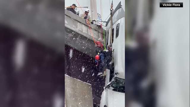 Emergency crews rescue driver from tractor-trailer dangling off West Virginia bridge