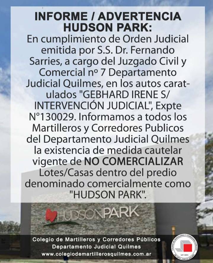 Orden judicial prohíbe comercializar lotes y casas en el emprendimiento Hudson Park