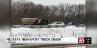 Military transport truck jackknifes on US