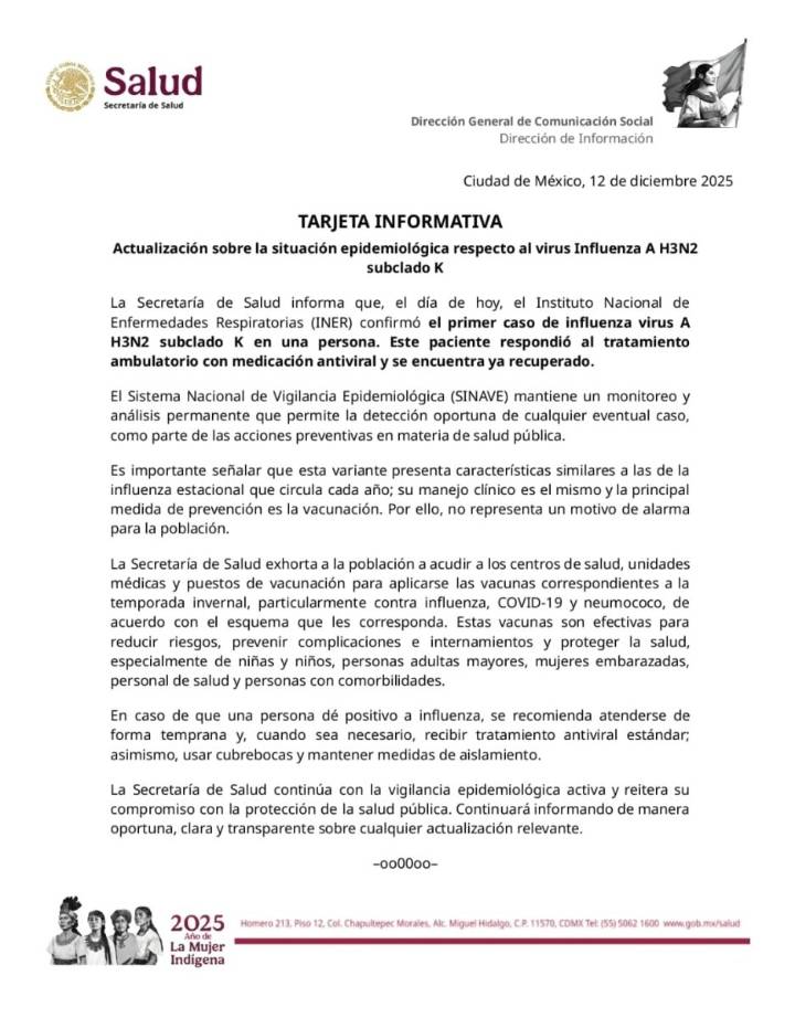 Refuerzan medidas contra influenza en México tras detectar nueva variante H3N2 subclado K