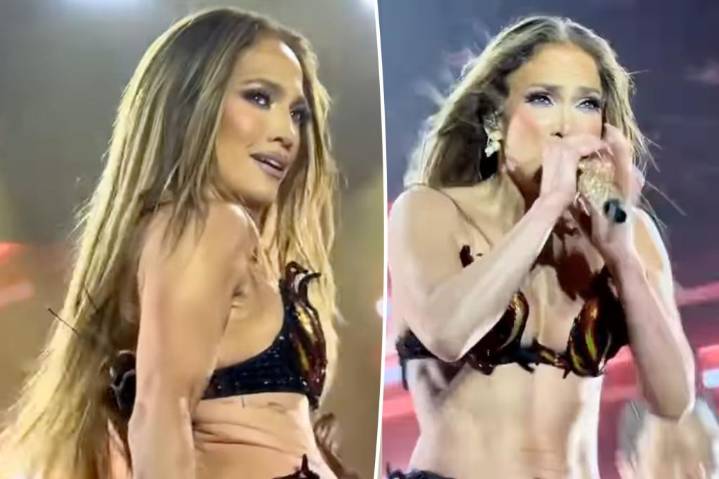 Jennifer Lopez is on fire wearing bra and thong with sequin flame design
