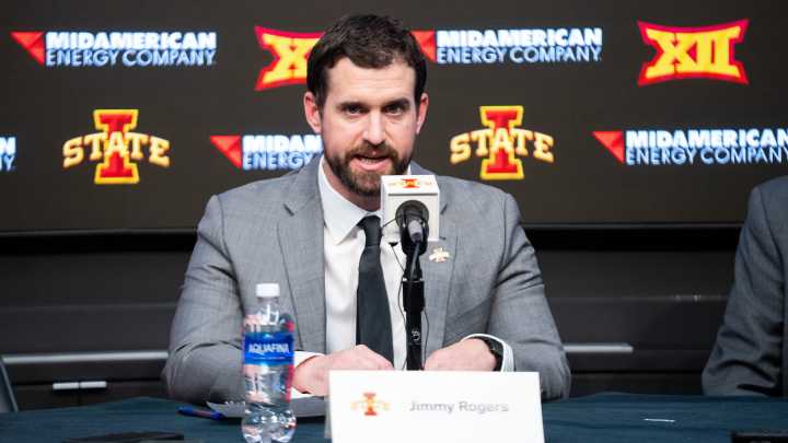 Iowa State football coach Jimmy Rogers fires up Hilton Coliseum crowd