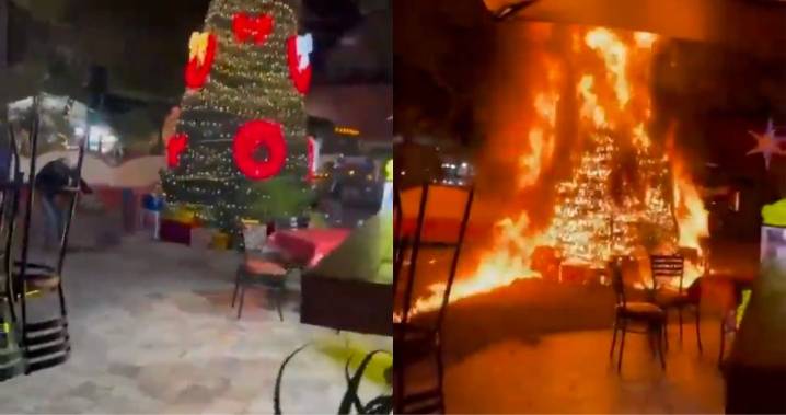 VIDEO ¬ Se manifiestan quemando árbol navideño en Jonacatepec, por niño atropellado por patrulla