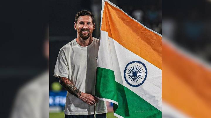 Lionel Messi holds Indian flag at Wankhede, Mumbai crowd erupts in delight