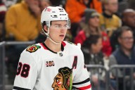 Blackhawks' Connor Bedard leaves ice holding shoulder at end of game against Blues