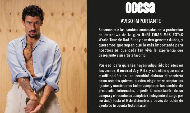 Ocesa ofrece reembolsos por cambios en shows de Bad Bunny