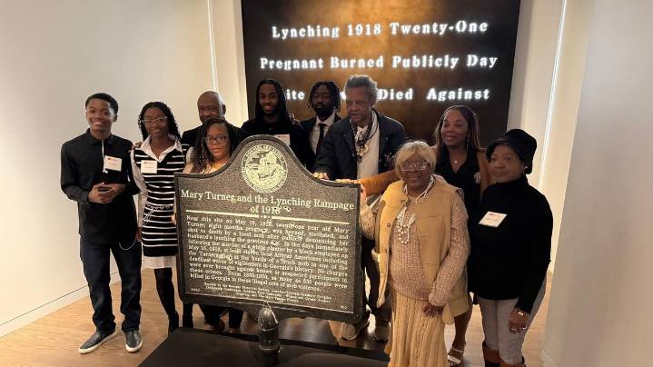Bullet-pocked marker memorializing 1918 lynching goes on display in Atlanta
