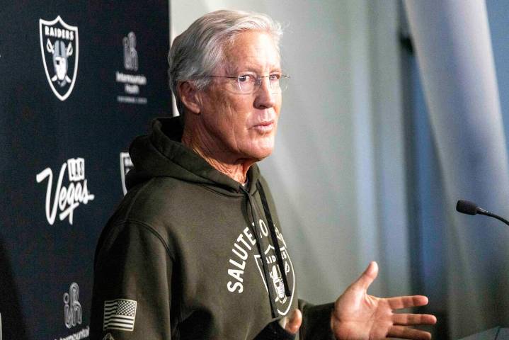Raiders’ Pete Carroll speaks to the media after Friday’s practice