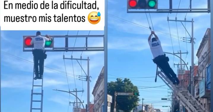 Hombre que reparaba un semáforo cae, pero se salva con sorprendentes dotes de gimnasia y se vuelve viral