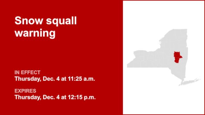 NY weather: Snow squall warning active for part of New York Thursday midday