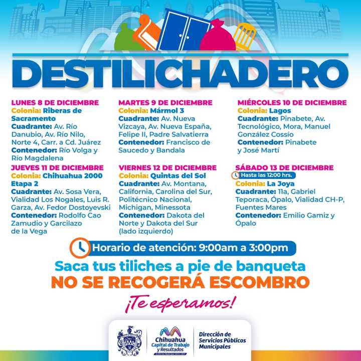 Estará Destilichadero en seis colonias del 8 al 13 de diciembre