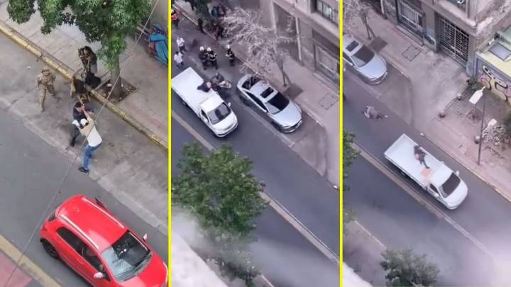Video de insólita fuga de motochorro: Se lanzó a pick-up de camioneta para escapar de detención ciudadana en Santiago