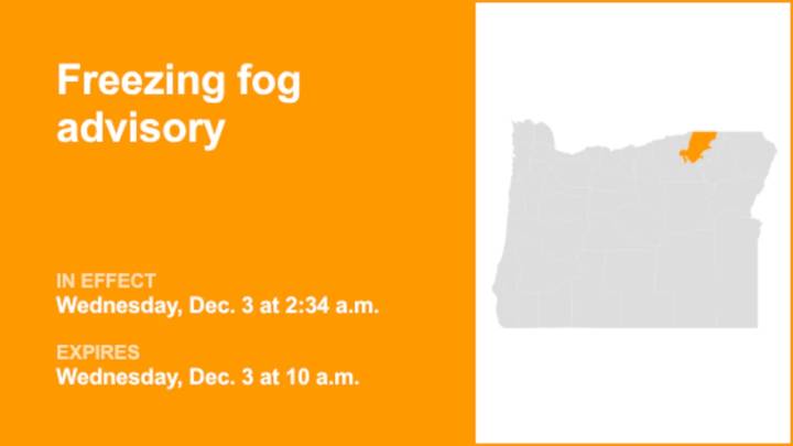 Freezing fog advisory affecting Foothills of the Northern Blue Mountains of Oregon until Wednesday morning