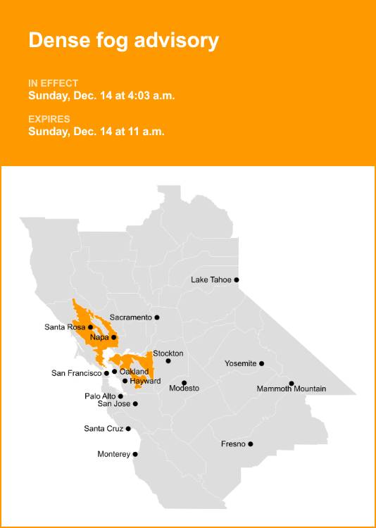 Dense fog advisory active for North Bay Interior Valleys and East Bay Interior Valleys until Sunday midday