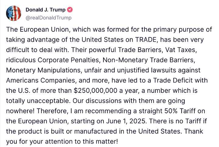 Trump propone aranceles del 50 % a productos europeos