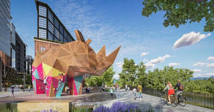 Denver welcomes new 30-foot-tall rhino sculpture for public to climb -
