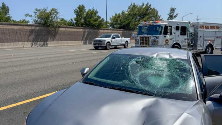 Several vehicles damaged after loose tire bounces around highway in Cupertino