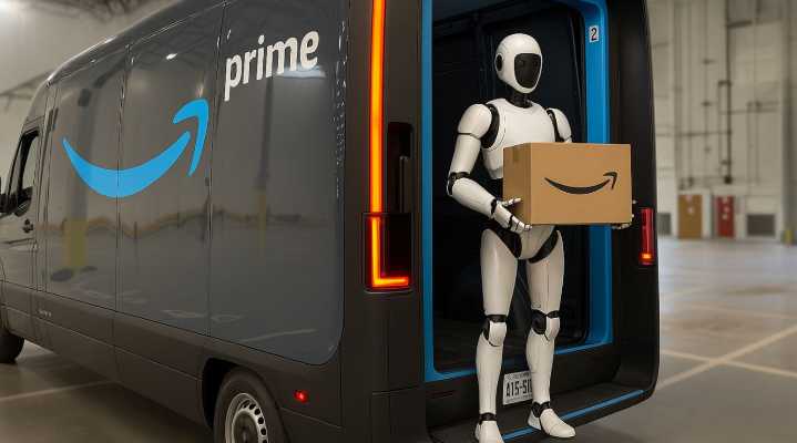 Amazon to deploy humanoid robots to ferry packages to YOUR front door - having got there in a driverless delivery van