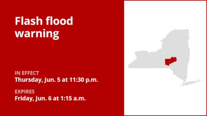 NY weather update: Flash flood warning for Chenango and Otsego counties until 1 a.m. Friday triggered by thunderstorms