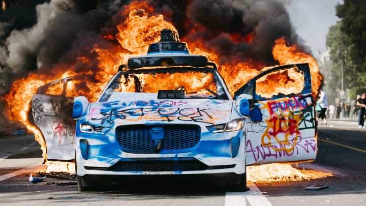 Waymo cars set on fire amid LA protests