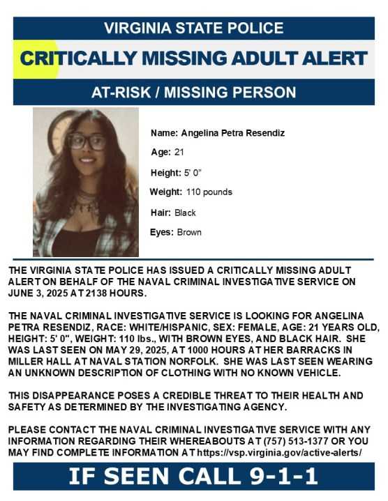 Critically missing adult alert for missing woman from Naval Station Norfolk