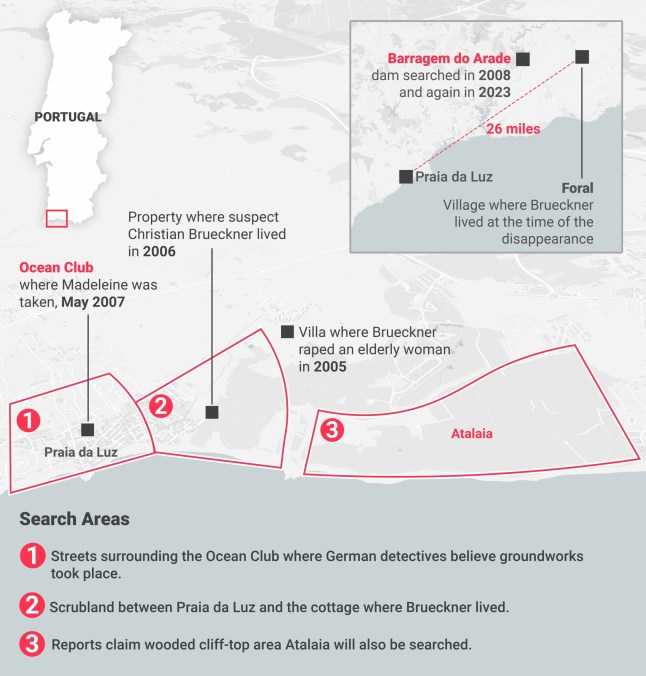 Map shows two new locations where searches for Madeleine McCann will continue