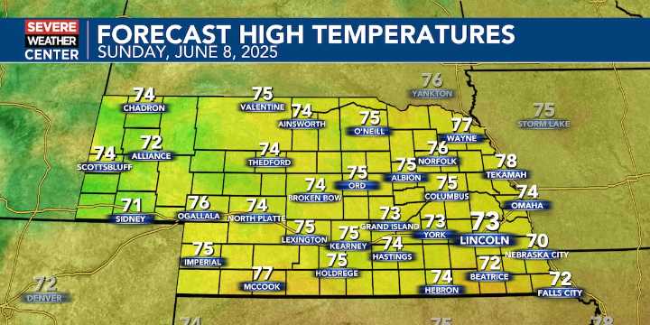 Cooler and cloudier Sunday with a chance for showers and storms