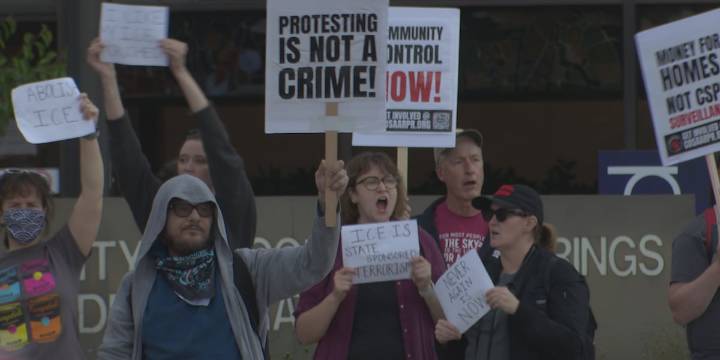 Protesters gather in downtown Colorado Springs in support of Los Angeles ICE protests