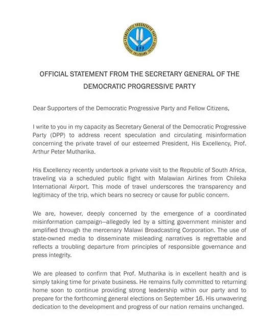 DPP Confirms Mutharika in South Africa, Denies Illness Rumors