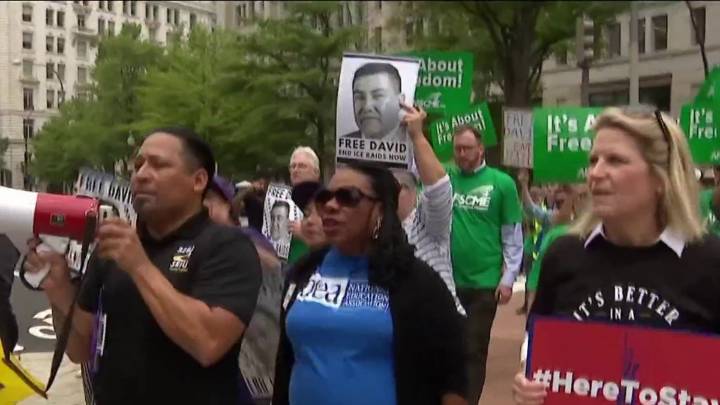 Hundreds protest outside DOJ over nationwide ICE raids, David Huerta
