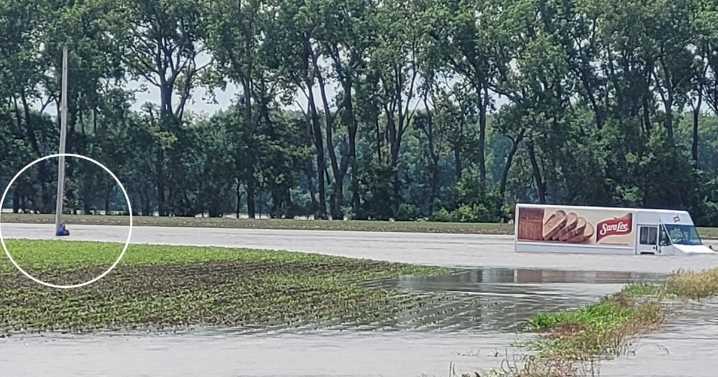 Driver found clinging to power pole after driving around flood barricade