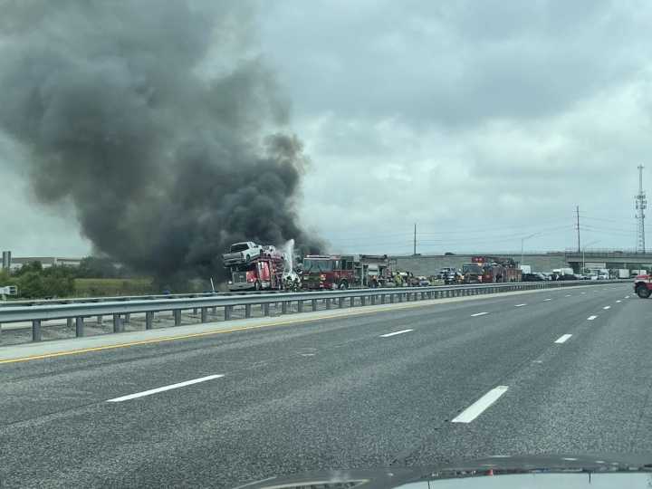 1 person killed in two-semi crash, fire on I